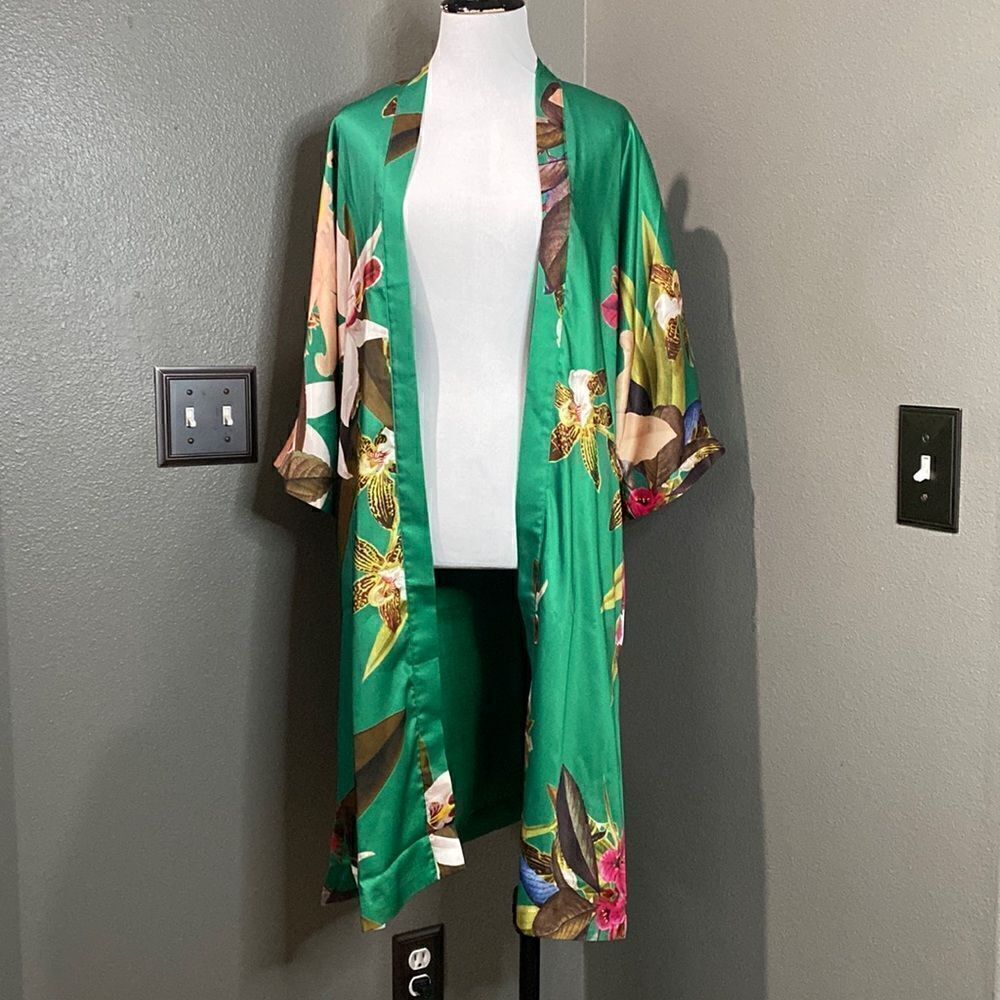 Satin Green Floral Kimono Midi Length Reversible